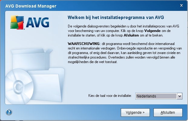 4. AVG Download Manager AVG Download Manager is een eenvoudig hulpprogramma voor het selecteren van het juiste installatiebestand voor uw AVG-product.