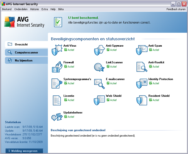 7. AVG gebruikersinterface AVG 9 Internet Security open met het hoofdvenster: Het hoofdvenster is onderverdeeld in een aantal secties: Systeemmenu (de menubalk boven in het venster), het