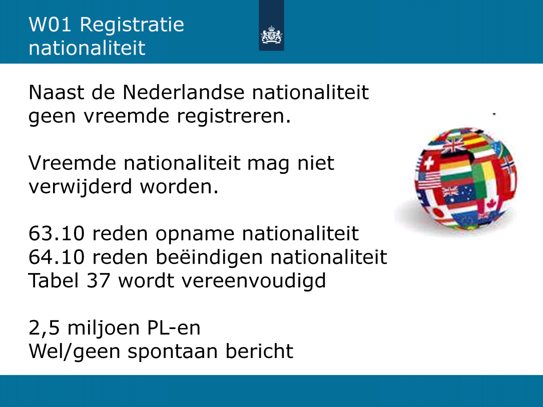 In de wet BRP is bepaald dat naast de Nederlandse nationaliteit geen andere nationaliteit wordt vastgelegd. Voor bestaande gevallen zal een conversie moeten plaatsvinden.