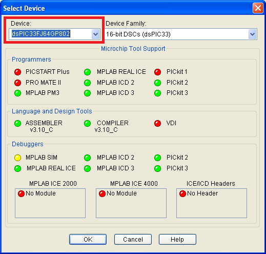 4.2 Ontwikkelomgeving testen Start MPLAB IDE. Kies ProjectOpen Selecteer 02. Blinking Leds\blinking leds.mcp. Kies ConfigureSelect Device Kies bij Device Family: 16-bit DSCs (dspic33).