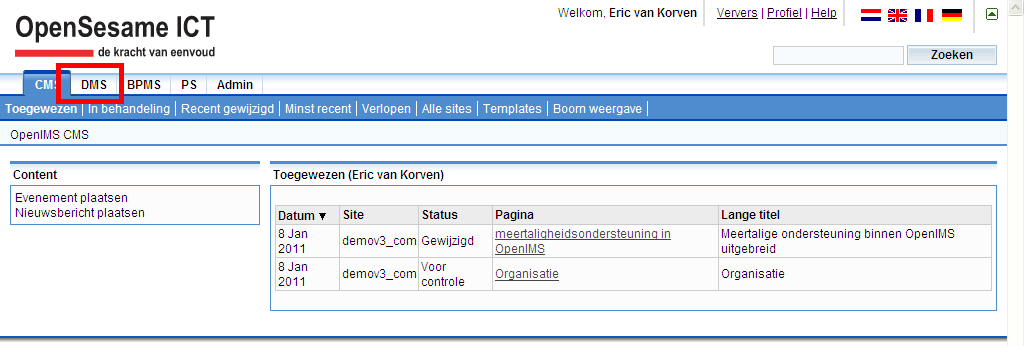 6.4 Documenten (DMS) op de site plaatsen Deze paragraaf bevat een compacte beschrijving van OpenIMS DMS in relatie tot OpenIMS CMS. 6.4.1 Beheer van documenten en multimedia bestanden Naast een