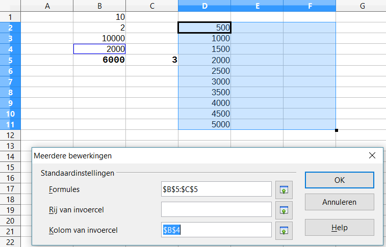 Afbeelding 15: Blad en dialoogvenster geven de invoer weer 7) Klik op OK. Nu worden de winsten vermeld in kolom E en de jaarlijkse winst per item in kolom F.