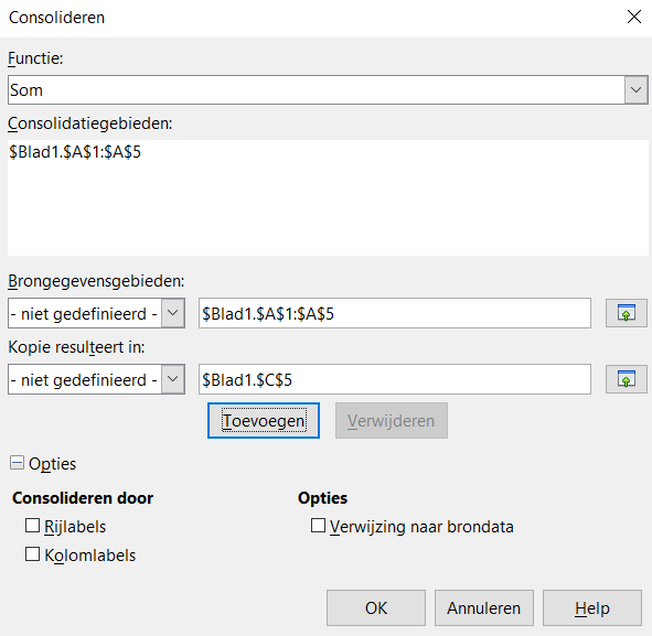 Afbeelding 1: Definiëren van de gegevens die moeten worden geconsolideerd 6) Specificeer waar u het resultaat wilt laten weergeven door een doelbereik te selecteren uit de keuzelijst Kopie resulteert
