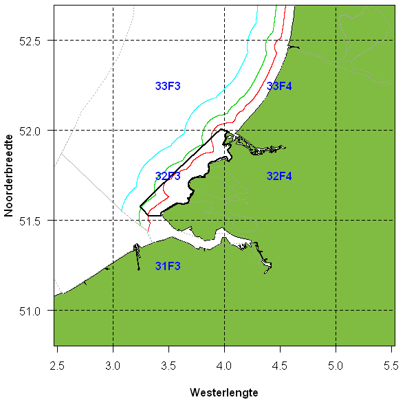 2. Materiaal & Methoden 2.1 Studiegebied Het studiegebied bestaat uit de Voordelta (zwart omlijnd, Figuur 2.1), omringd door vijf ICES vierkanten (31F3 33F4, zwarte stippellijnen).