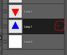 icoontje te slepen naar je afbeelding. Je kan ook op toepassen klikken(vorige versies) en je fx teken verschijnt bij je laag. In je laag 1 zie je nu een teken verschijnen.