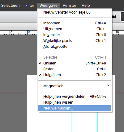 Je kan ook rechtsklikken op een liniaal en kiezen voor centimeters. 5)We maken de hulplijnen zichtbaar: menu Weergave hulplijnen. We plaatsen 3 verticale en 3 horizontale hulplijnen.