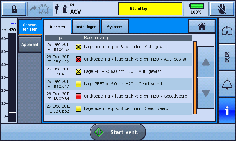 - Informatiemap Astral - 150 - Beschrijving beademingsapparaat Menu - Monitor Menu - Alarm In het menu Monitor kunt u ventilatiegegevens in real time bekijken.