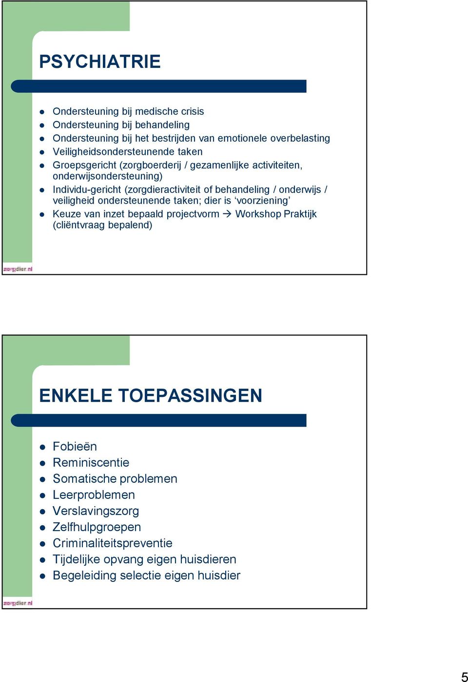 veiligheid ondersteunende taken; dier is voorziening Keuze van inzet bepaald projectvorm Workshop Praktijk (cliëntvraag bepalend) ENKELE TOEPASSINGEN Fobieën