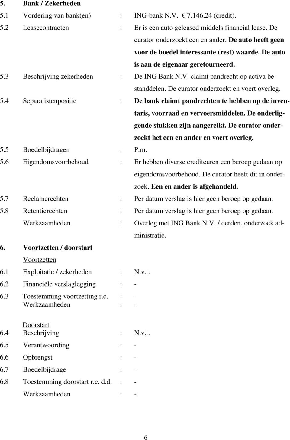 De curator onderzoekt en voert overleg. 5.5 Boedelbijdragen : P.m. 5.4 Separatistenpositie : De bank claimt pandrechten te hebben op de inventaris, voorraad en vervoersmiddelen.