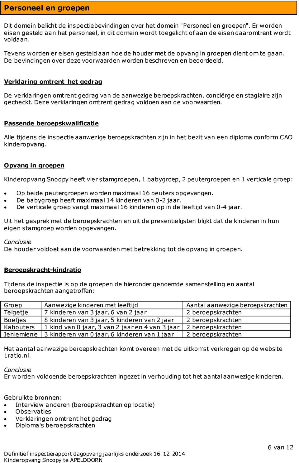 Tevens worden er eisen gesteld aan hoe de houder met de opvang in groepen dient om te gaan. De bevindingen over deze voorwaarden worden beschreven en beoordeeld.