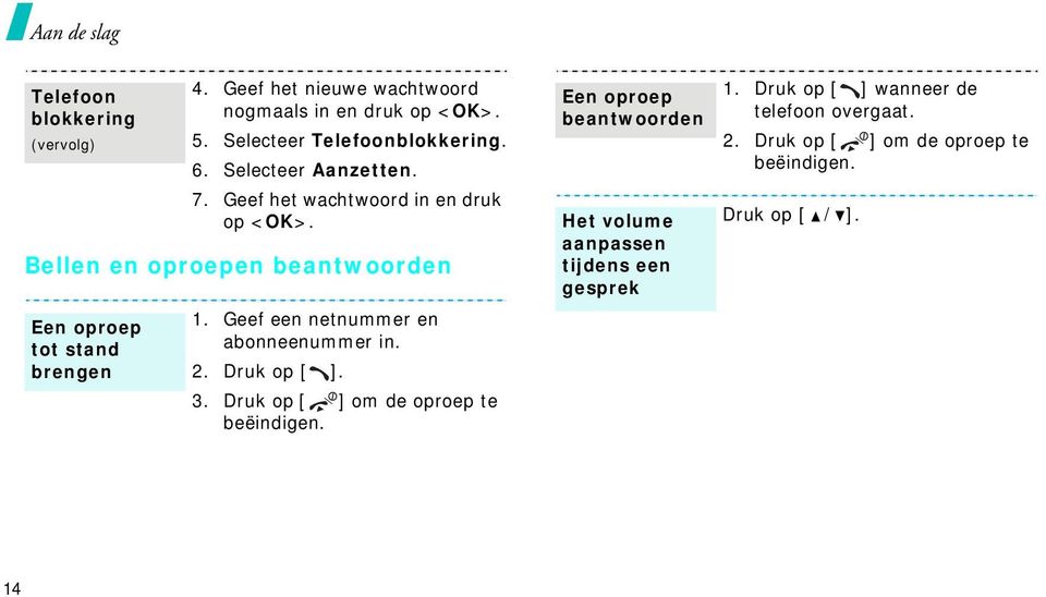 Geef een netnummer en abonneenummer in. 2. Druk op [ ]. 3. Druk op [ ] om de oproep te beëindigen.