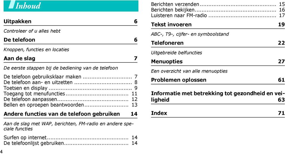 .. 13 Andere functies van de telefoon gebruiken 14 Berichten verzenden... 15 Berichten bekijken... 16 Luisteren naar FM-radio.