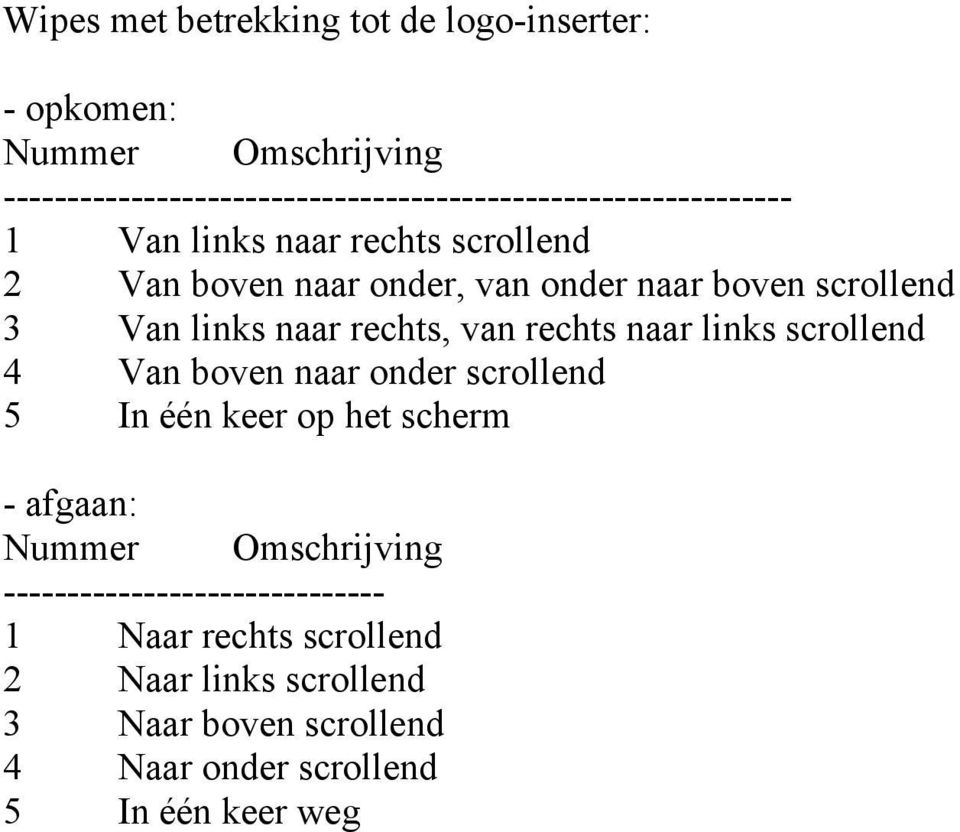 onder naar boven scrollend 3 Van links naar rechts, van rechts naar links scrollend 4 Van boven naar onder scrollend 5 In één