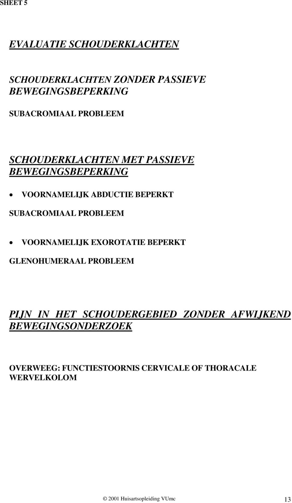 PROBLEEM VOORNAMELIJK EXOROTATIE BEPERKT GLENOHUMERAAL PROBLEEM PIJN IN HET SCHOUDERGEBIED ZONDER