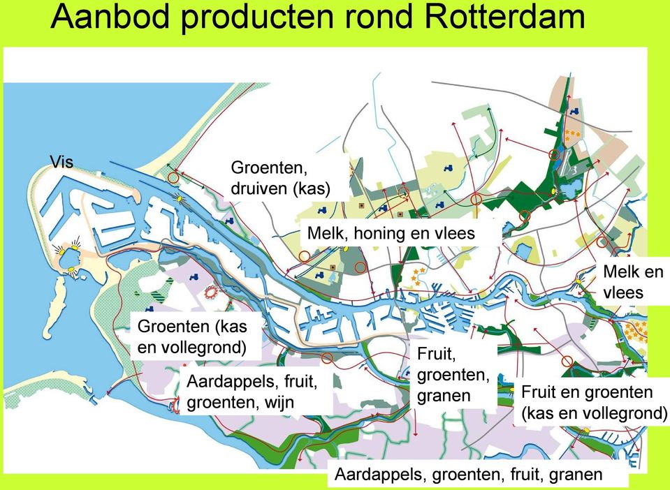 fruit, groenten, wijn Fruit, groenten, granen Melk en vlees