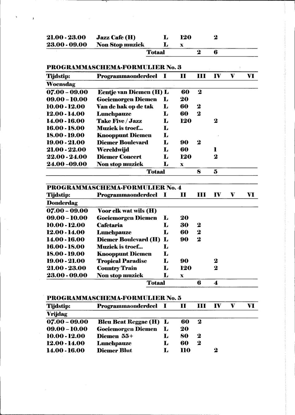 .. Knppunt Diemen Diemer Bulevard Wereldwijd Diemer Cnert Nn stp muziek 0 10 90 10 X Ttaal 8 PRGRAMMASCHMA-FRMUIR N. 4 Tijdstip: Prgmmanderdeel I II III IV VI Dnderdag r.00-09.00 09.00-10.00 10.00-1.00 1.00-14.