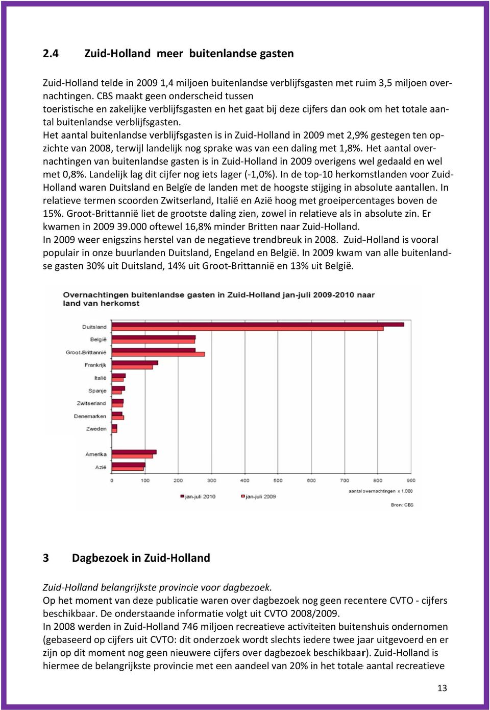 Het aantal buitenlandse verblijfsgasten iss in Zuid Holland in 2009 met 2,9% % gestegen ten op zichte van 2008, terwijl landelijk nog sprake was van een dalingg met 1,8%.