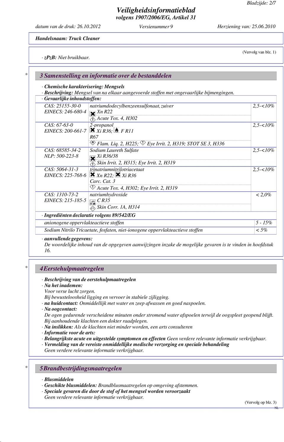 Gevaarlijke inhoudstoffen: CAS: 25155-30-0 EINECS: 246-680-4 natriumdodecylbenzeensulfonaat, zuiver Xn R22 Acute Tox. 4, H302 CAS: 67-63-0 2-propanol EINECS: 200-661-7 Xi R36; F R11 R67 Flam. Liq.