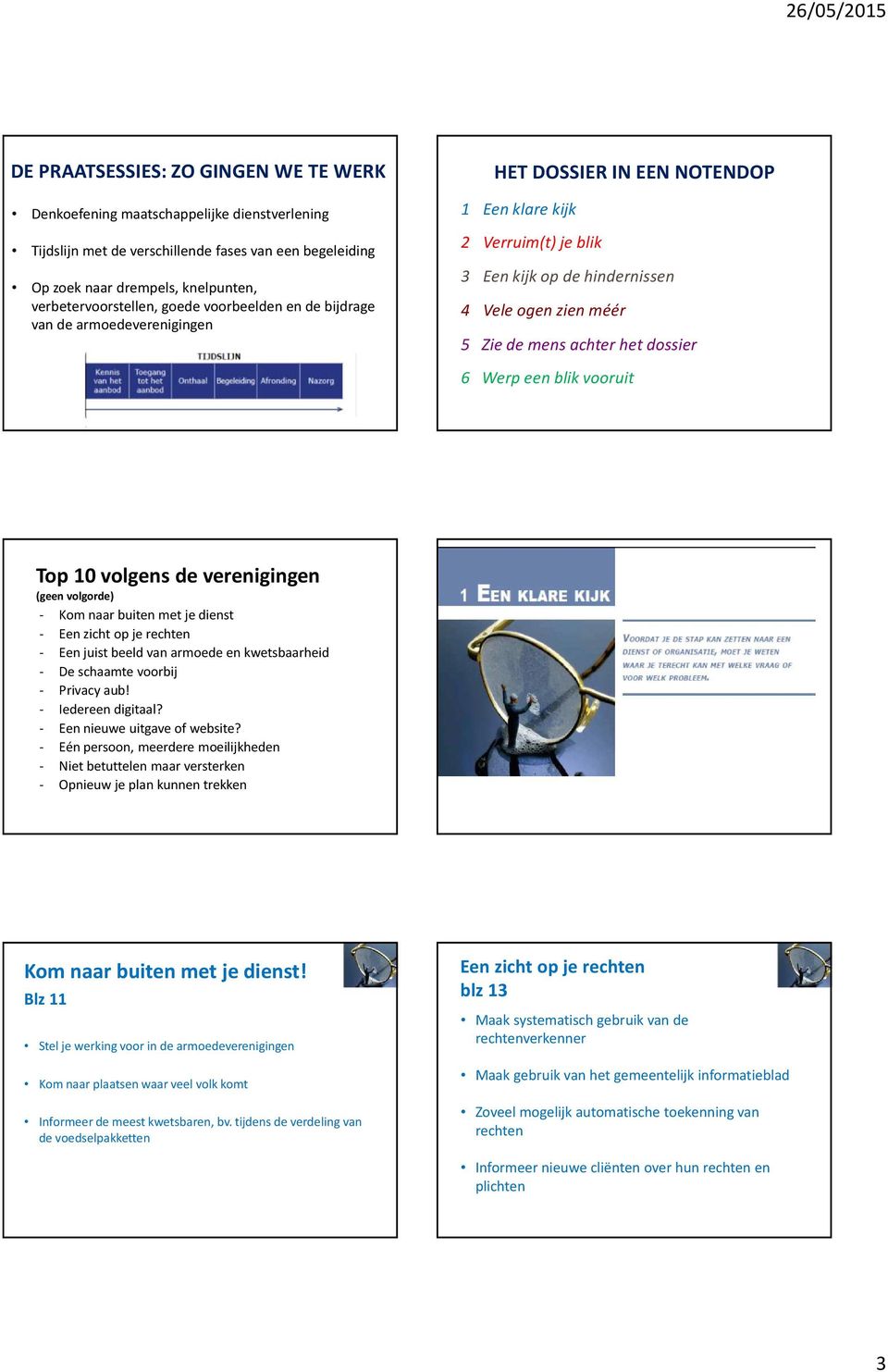 het dossier 6 Werp een blik vooruit Top 10 volgens de verenigingen (geen volgorde) - Kom naar buiten met je dienst - Een zicht op je rechten - Een juist beeld van armoede en kwetsbaarheid - De