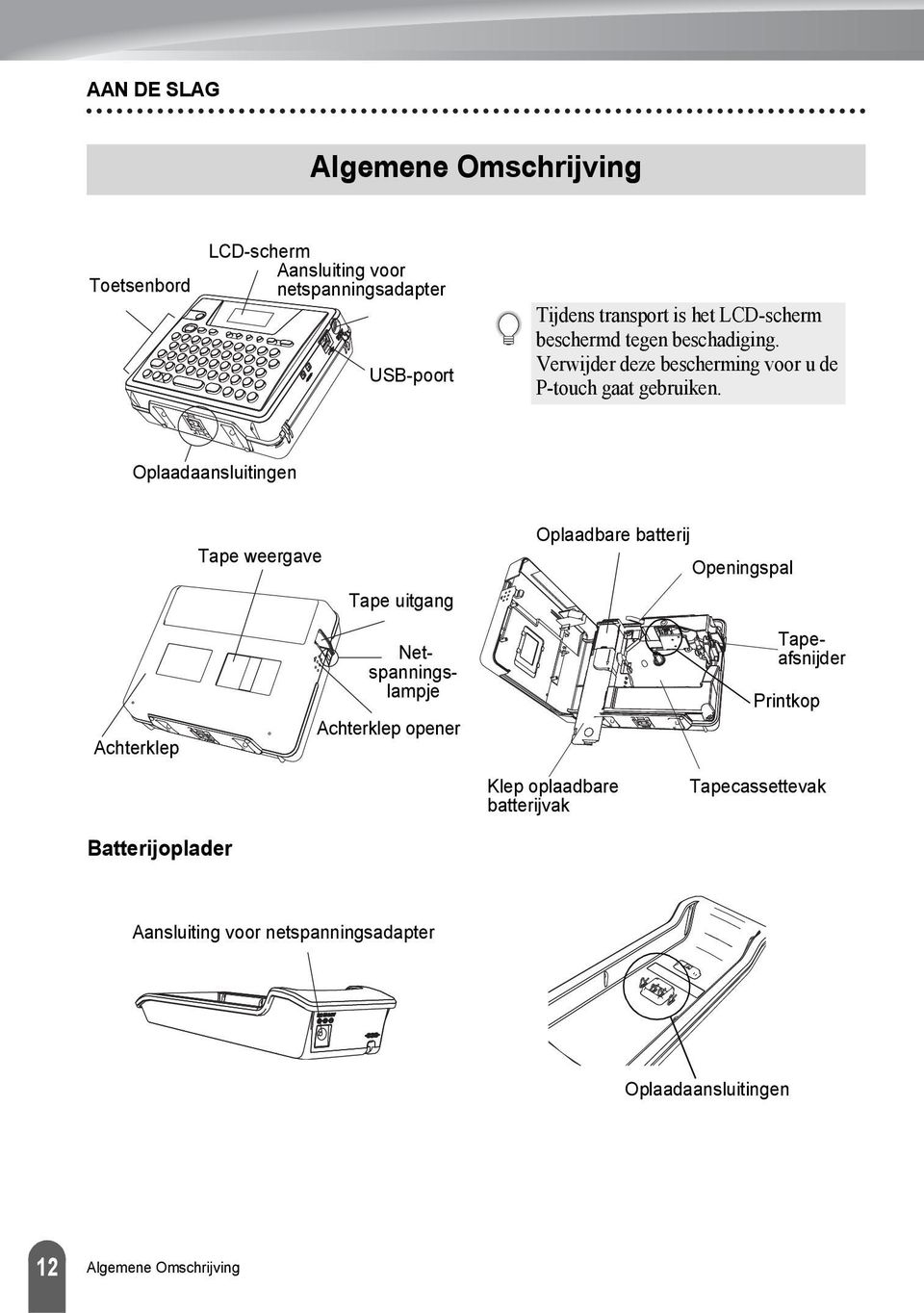 Oplaadaansluitingen Tape weergave Tape uitgang Oplaadbare batterij Openingspal Achterklep Netspanningslampje Achterklep opener