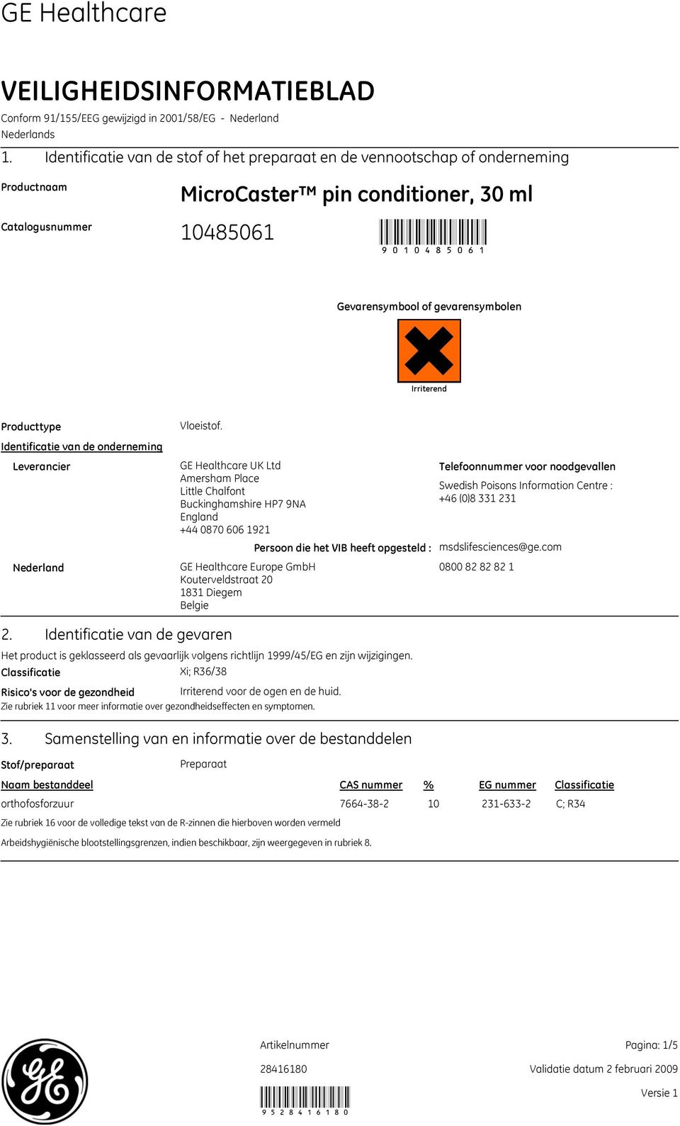 Irriterend Producttype Identificatie van de onderneming Leverancier Nederland Vloeistof.