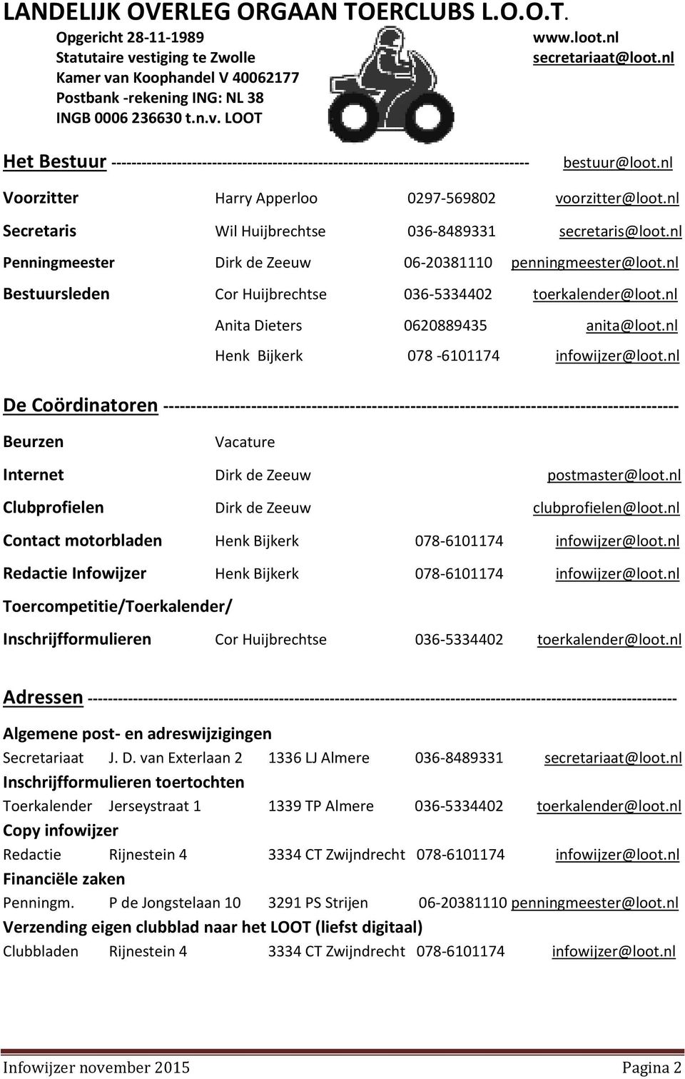 nl Secretaris Wil Huijbrechtse 036-8489331 secretaris@loot.nl Penningmeester Dirk de Zeeuw 06-20381110 penningmeester@loot.nl Bestuursleden Cor Huijbrechtse 036-5334402 toerkalender@loot.