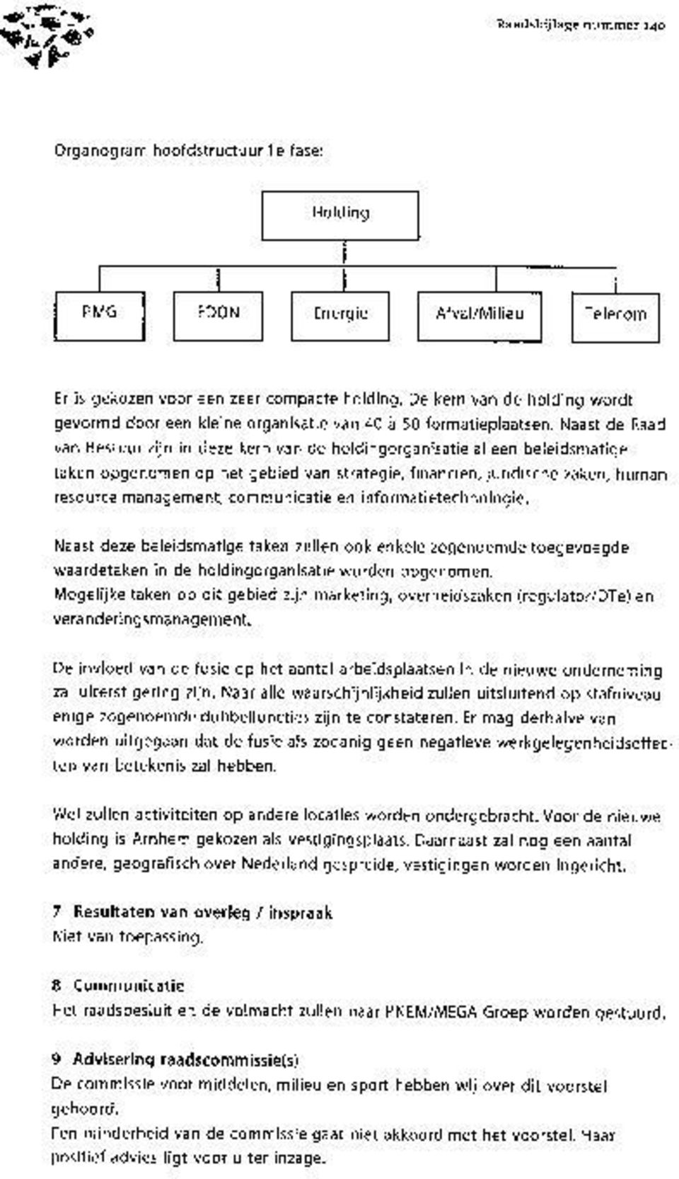 communicatie en informatietechnologie. Naast deze beleidsmatige taken zullen ook enkele zogenoemde toegevoegde waardetaken in de holdingorganisatie worden opgenomen.