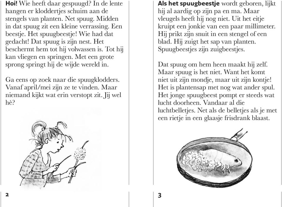 Ga eens op zoek naar die spuugklodders. Vanaf april/mei zijn ze te vinden. Maar niemand kijkt wat erin verstopt zit. Jij wel hè?