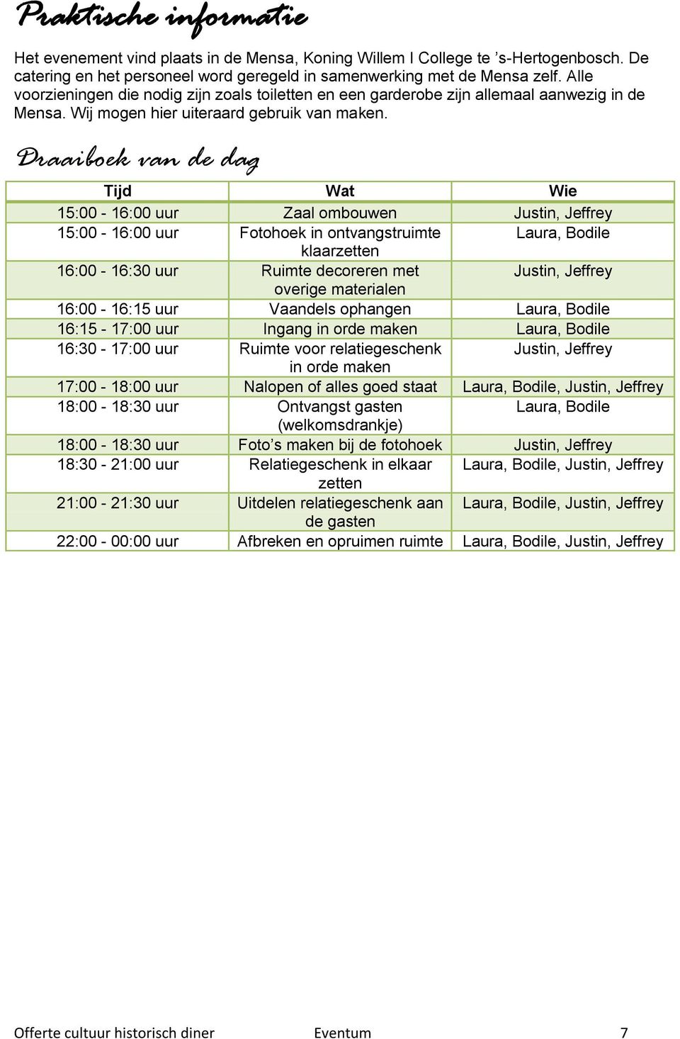 Draaiboek van de dag Tijd Wat Wie 15:00-16:00 uur Zaal ombouwen Justin, Jeffrey 15:00-16:00 uur Fotohoek in ontvangstruimte Laura, Bodile klaarzetten 16:00-16:30 uur Ruimte decoreren met Justin,