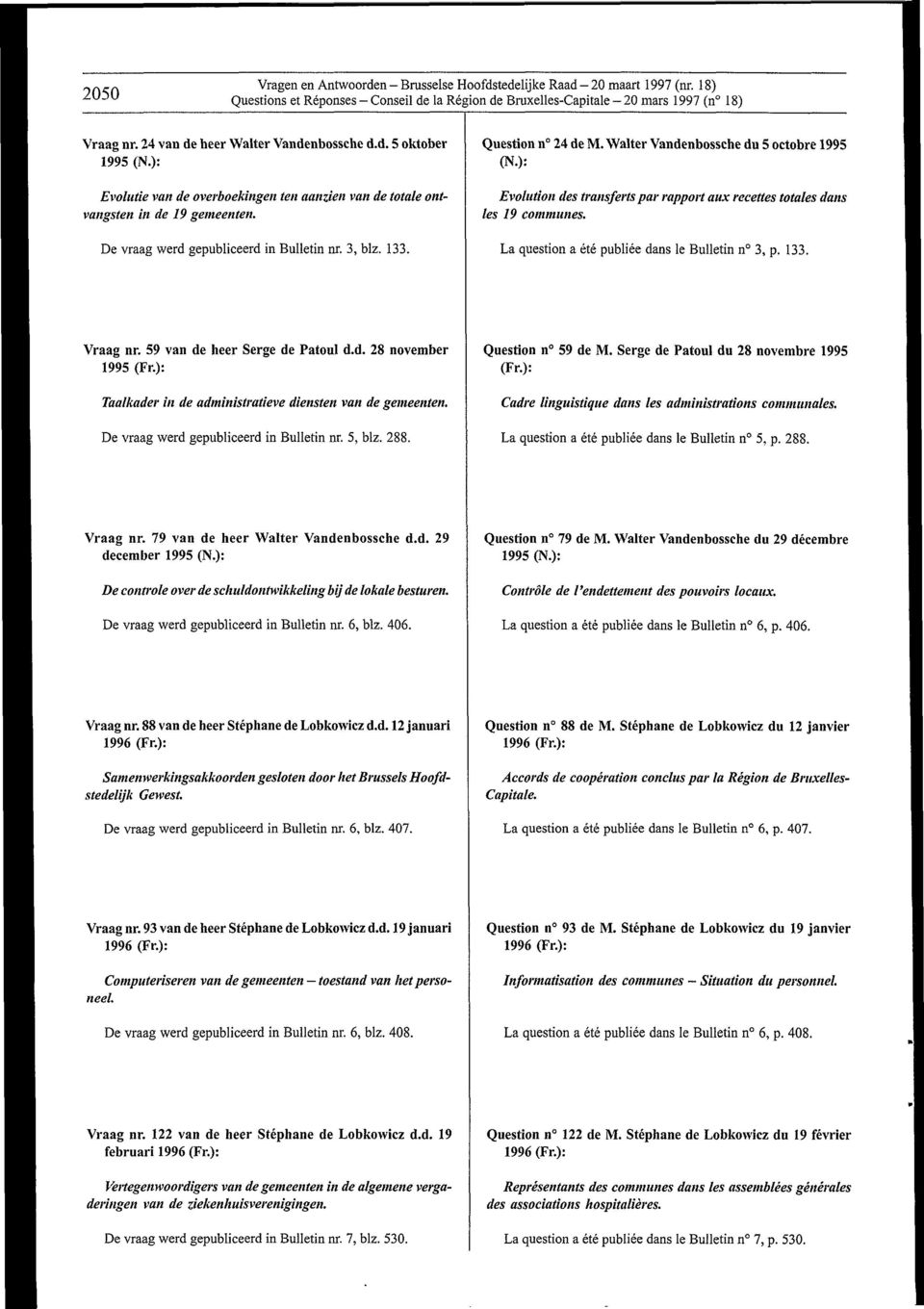 Question n 24 de M. Walter Vandenbossche du 5 octobre 1995 Evolution des transfer f s par rapport aux recettes totales dans les 19 communes. La question a ete publiee dans Ie Bulletin n 3, p. 133.