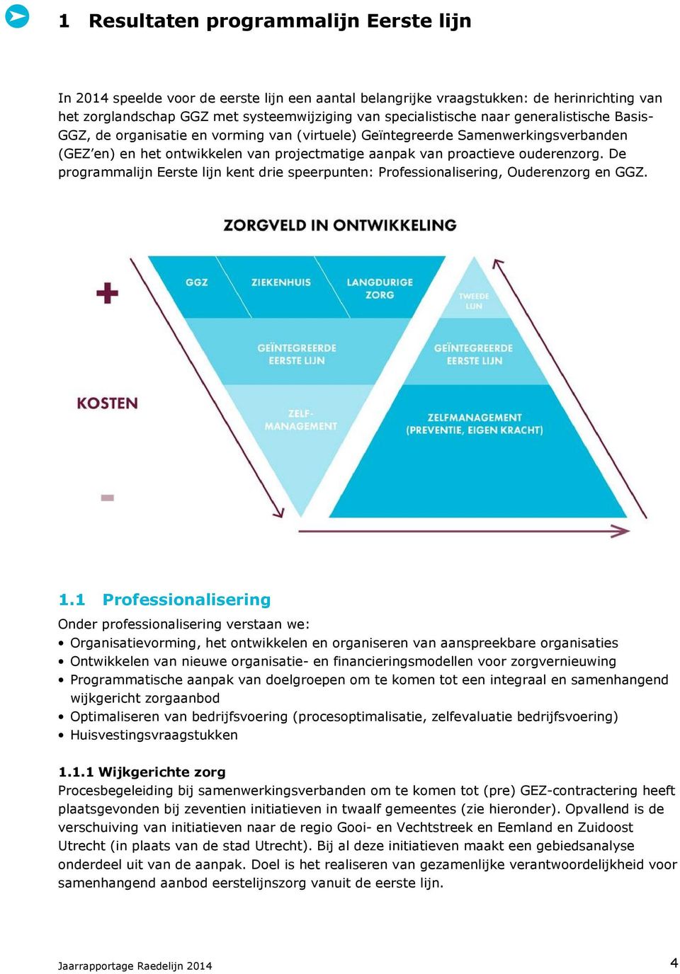 De programmalijn Eerste lijn kent drie speerpunten: Professionalisering, Ouderenzorg en GGZ. 1.