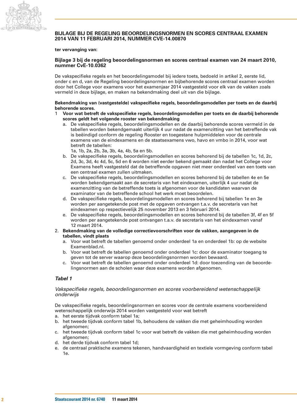 0362 De vakspecifieke regels en het beoordelingsmodel bij iedere toets, bedoeld in artikel 2, eerste lid, onder c en d, van de Regeling beoordelingsnormen en bijbehorende scores centraal examen