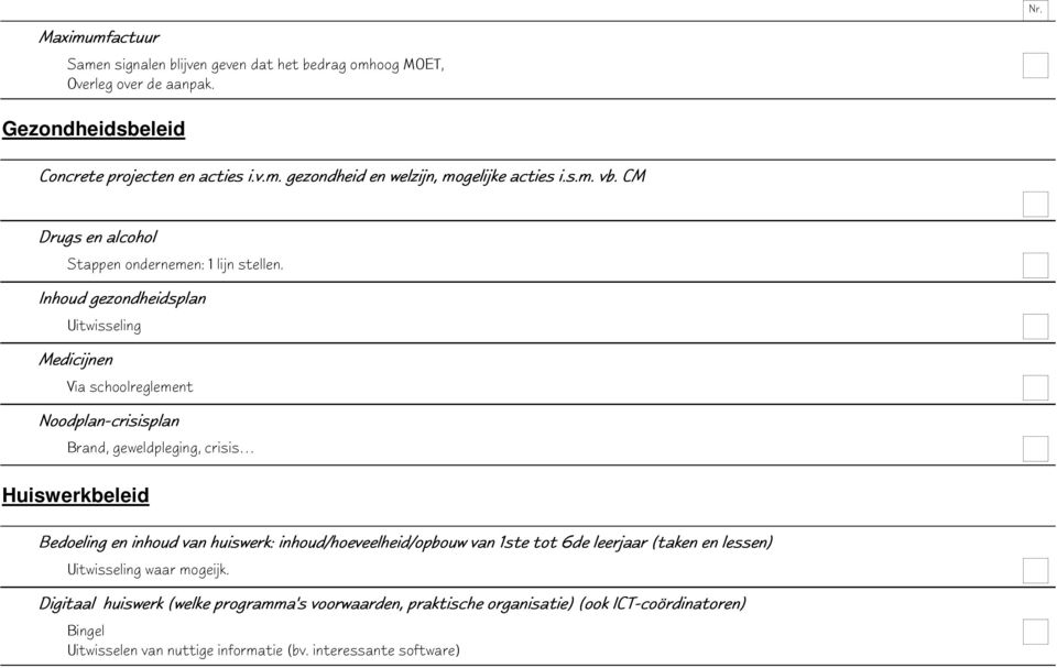 Inhoud gezondheidsplan Uitwisseling Medicijnen Via schoolreglement Noodplan-crisisplan Brand, geweldpleging, crisis Huiswerkbeleid Bedoeling en inhoud van huiswerk: