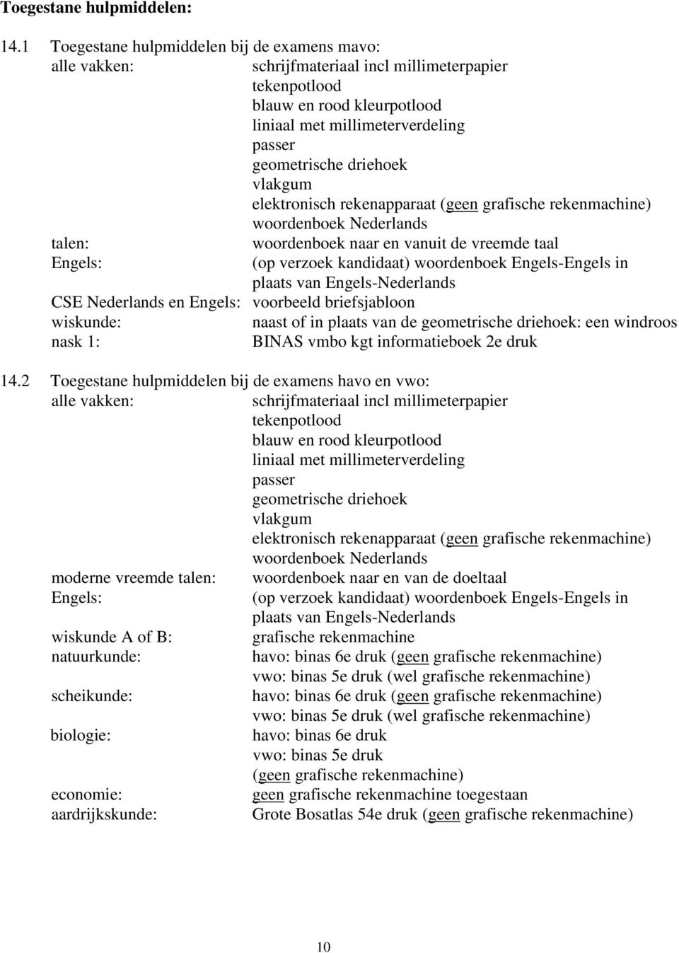 vlakgum elektronisch rekenapparaat (geen grafische rekenmachine) woordenboek Nederlands talen: woordenboek naar en vanuit de vreemde taal Engels: (op verzoek kandidaat) woordenboek Engels-Engels in