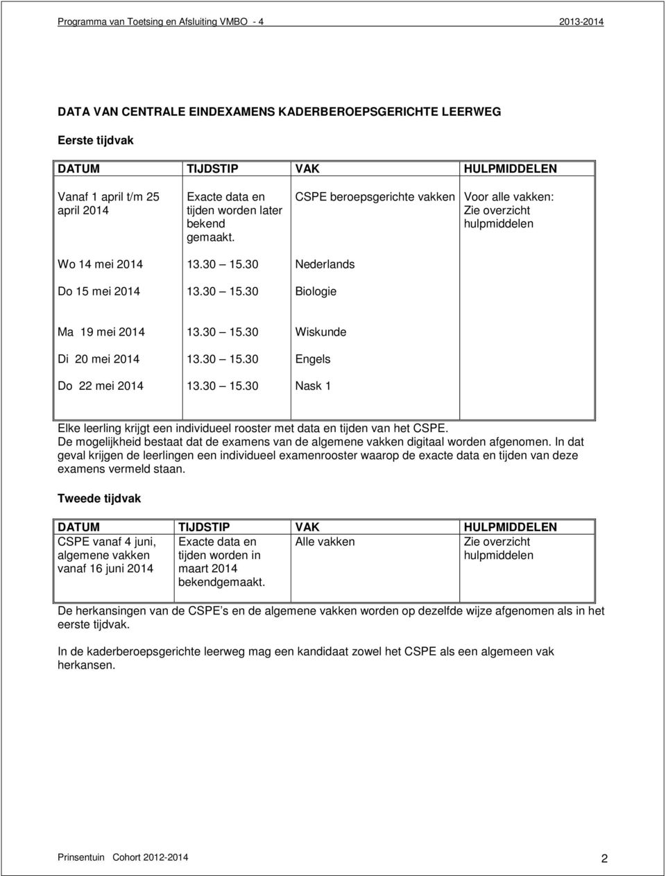 0 15.0 Engels Do mei 01 1.0 15.0 ask 1 Elke leerling krijgt een individueel rooster met data en tijden van het CPE.