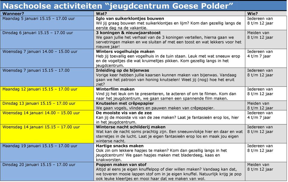 15 17.00 uur Woensdag 14 januari 14.00 15.00 uur Woensdag 14 januari 15.15 17.00 uur Maandag 19 januari 15.15 17.00 uur Dinsdag 20 januari 15.15 17.00 uur 3 koningen & nieuwjaarstoost We gaan jullie het verhaal van de 3 koningen vertellen, hierna gaan we servetringen maken en we sluiten af met een toost en wat lekkers voor het nieuwe jaar!