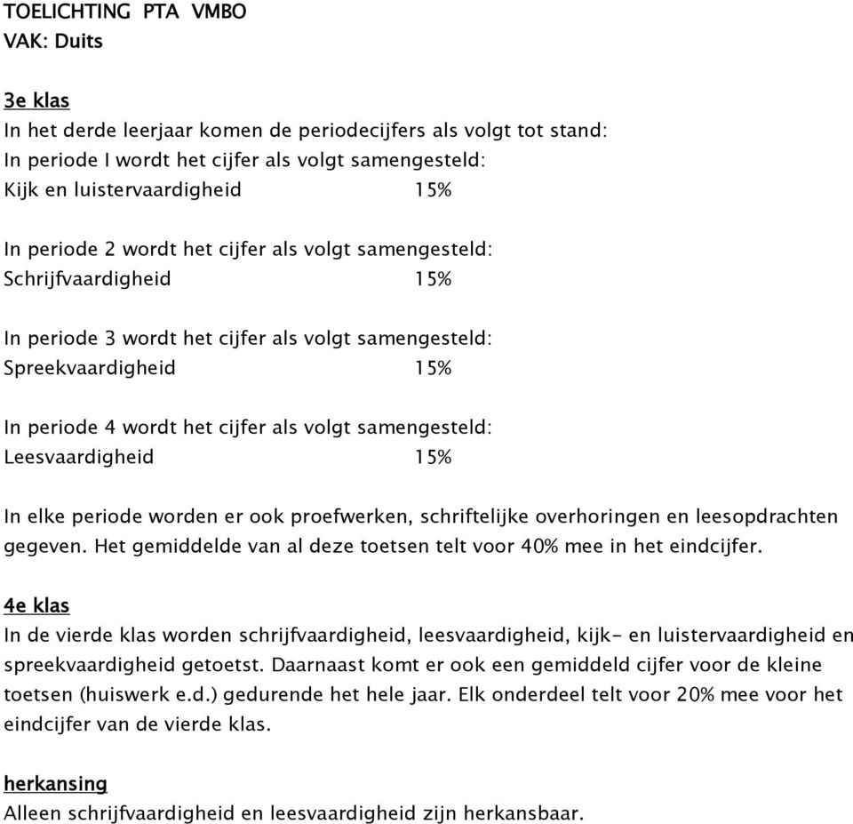 Leesvaardigheid 15% In elke periode worden er ook proefwerken, schriftelijke overhoringen en leesopdrachten gegeven. Het gemiddelde van al deze toetsen telt voor 40% mee in het eindcijfer.