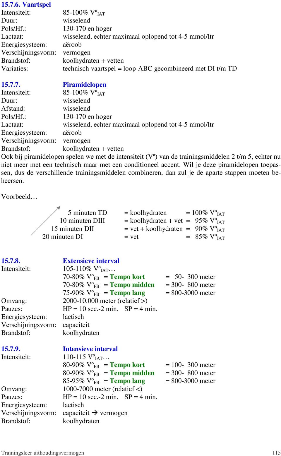 7.7. Piramidelopen Intensiteit: 85-100% Vº IAT wisselend wisselend 130-170 en hoger wisselend, echter maximaal oplopend tot 4-5 mmol/ltr + vetten Ook bij piramidelopen spelen we met de intensiteit