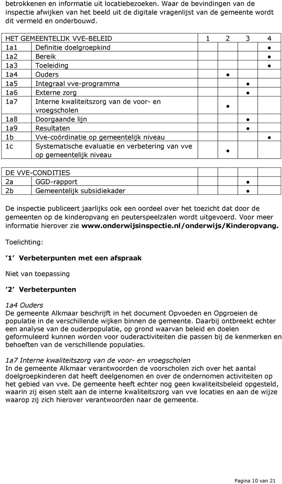 vroegscholen 1a8 Doorgaande lijn 1a9 Resultaten 1b Vve-coördinatie op gemeentelijk niveau 1c Systematische evaluatie en verbetering van vve op gemeentelijk niveau DE VVE-CONDITIES 2a GGD-rapport 2b