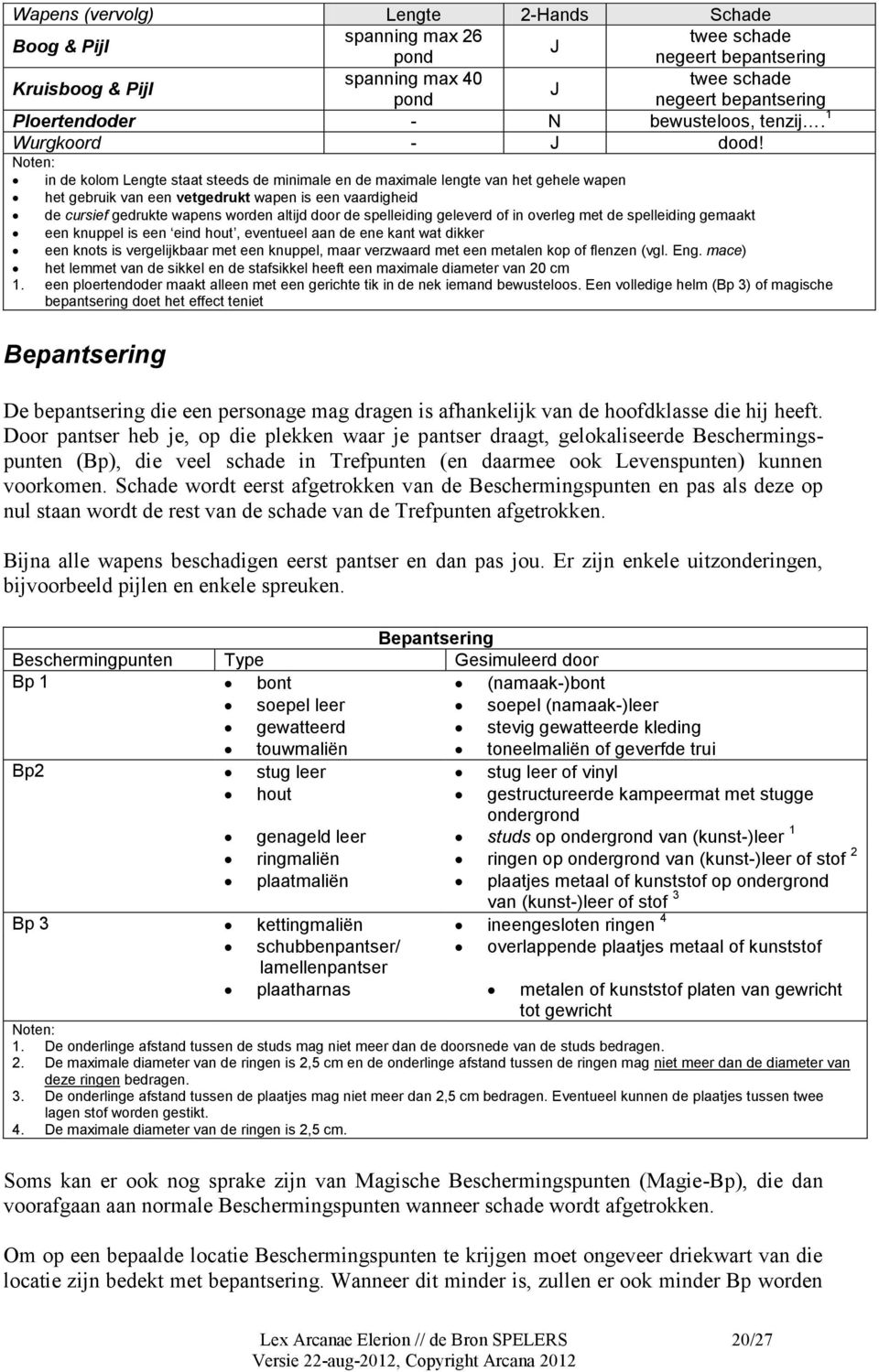 Noten: in de kolom Lengte staat steeds de minimale en de maximale lengte van het gehele wapen het gebruik van een vetgedrukt wapen is een vaardigheid de cursief gedrukte wapens worden altijd door de