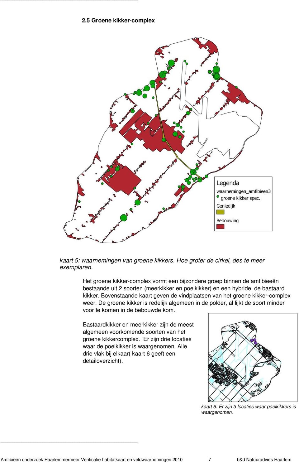 Bovenstaande kaart geven de vindplaatsen van het groene kikker-complex weer. De groene kikker is redelijk algemeen in de polder, al lijkt de soort minder voor te komen in de bebouwde kom.