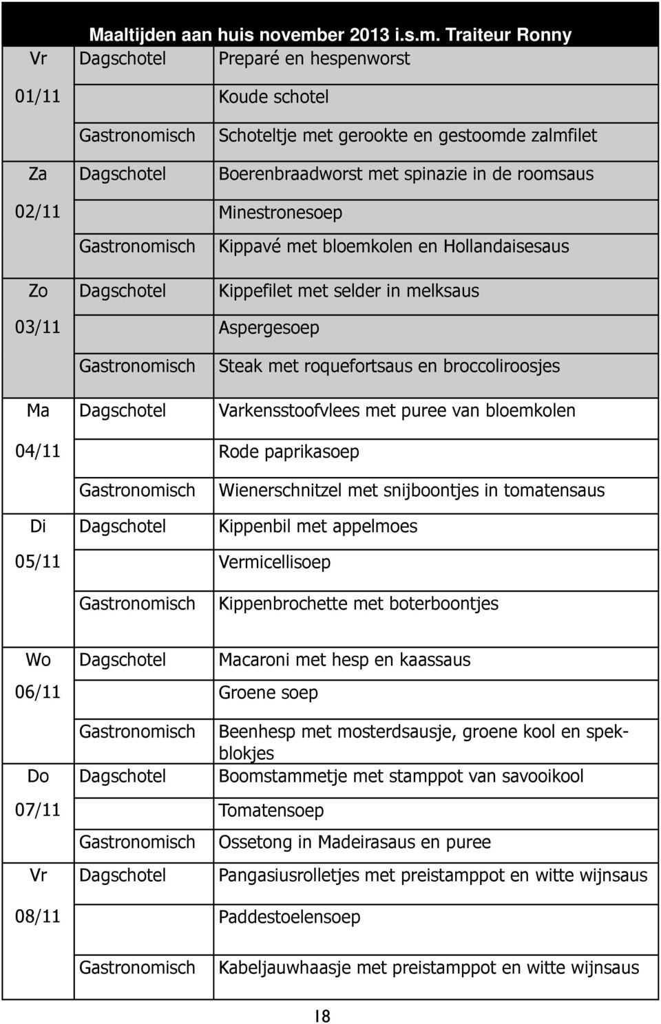 Traiteur Ronny Vr Dagschotel Preparé en hespenworst 01/11 Koude schotel Schoteltje met gerookte en gestoomde zalmfilet Za Dagschotel Boerenbraadworst met spinazie in de roomsaus 02/11 Minestronesoep