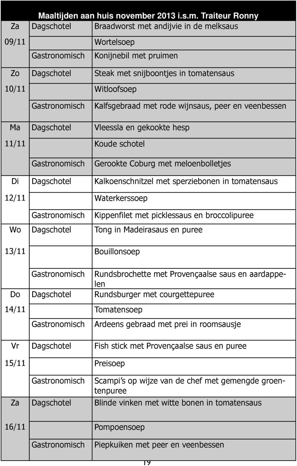 Traiteur Ronny Za Dagschotel Braadworst met andijvie in de melksaus 09/11 Wortelsoep Konijnebil met pruimen Zo Dagschotel Steak met snijboontjes in tomatensaus 10/11 Witloofsoep Kalfsgebraad met rode