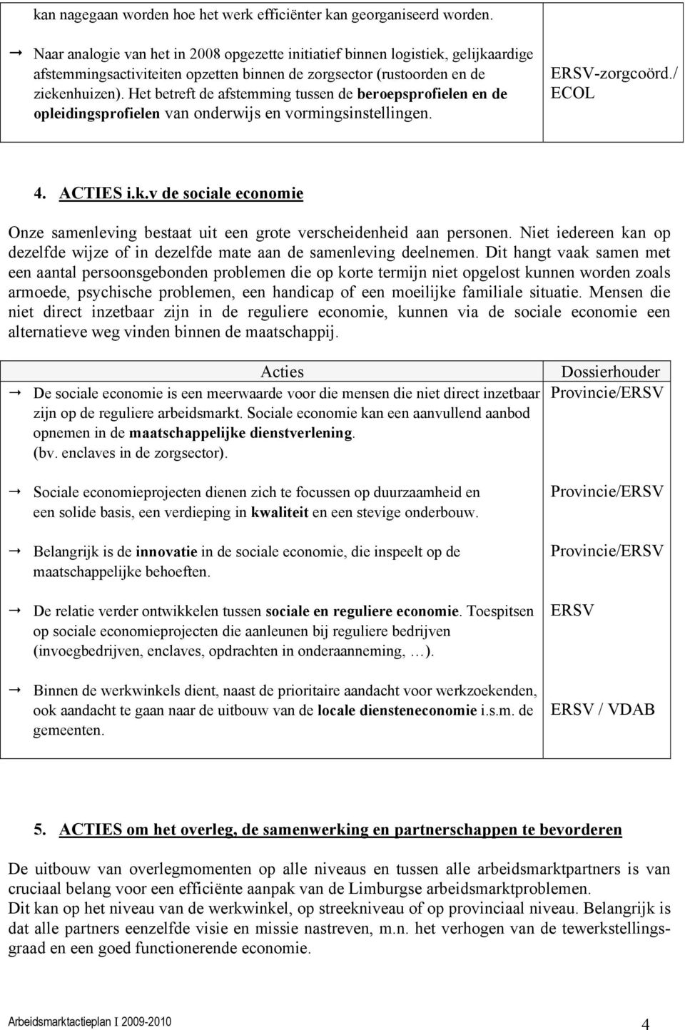 Het betreft de afstemming tussen de beroepsprofielen en de opleidingsprofielen van onderwijs en vormingsinstellingen. ERSV-zorgcoörd./ ECOL 4. ACTIES i.k.