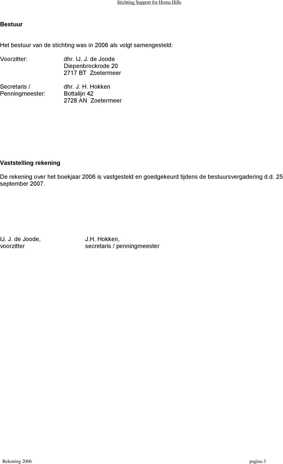 Hokken Penningmeester: Bottalijn 42 2728 AN Zoetermeer Vaststelling rekening De rekening over het boekjaar 2006