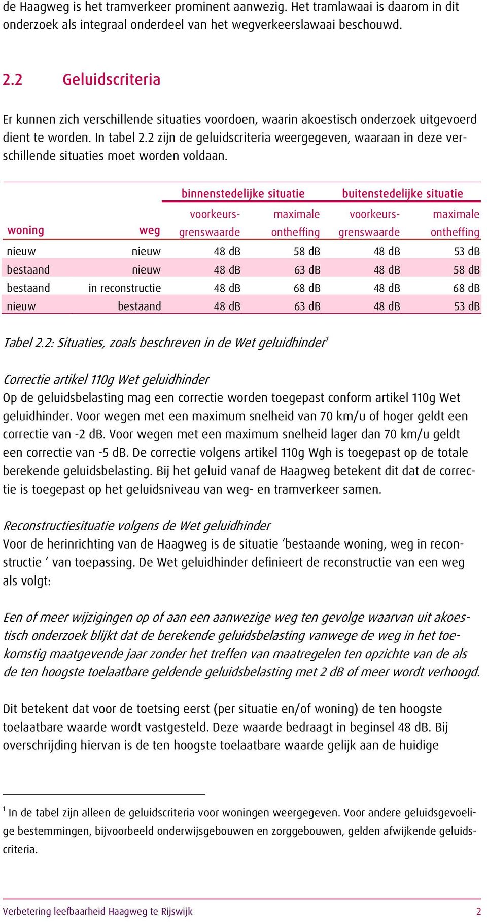 2 zijn de geluidscriteria weergegeven, waaraan in deze verschillende situaties moet worden voldaan.