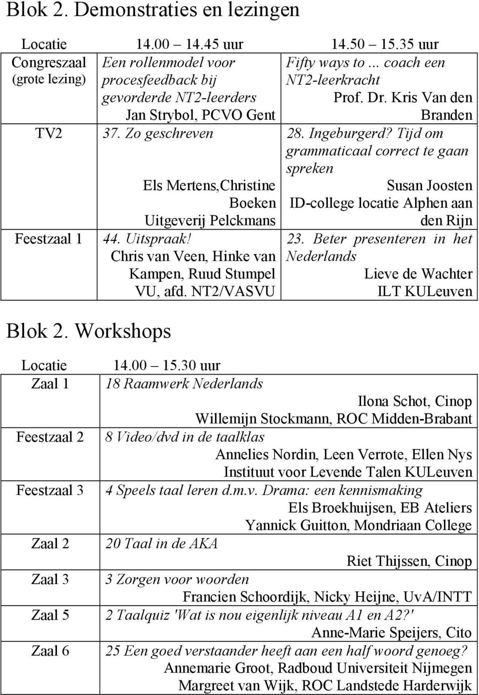 Workshops Els Mertens,Christine Boeken Uitgeverij Pelckmans 44. Uitspraak! Chris van Veen, Hinke van Kampen, Ruud Stumpel VU, afd. NT2/VASVU Fifty ways to... coach een NT2-leerkracht Prof. Dr.