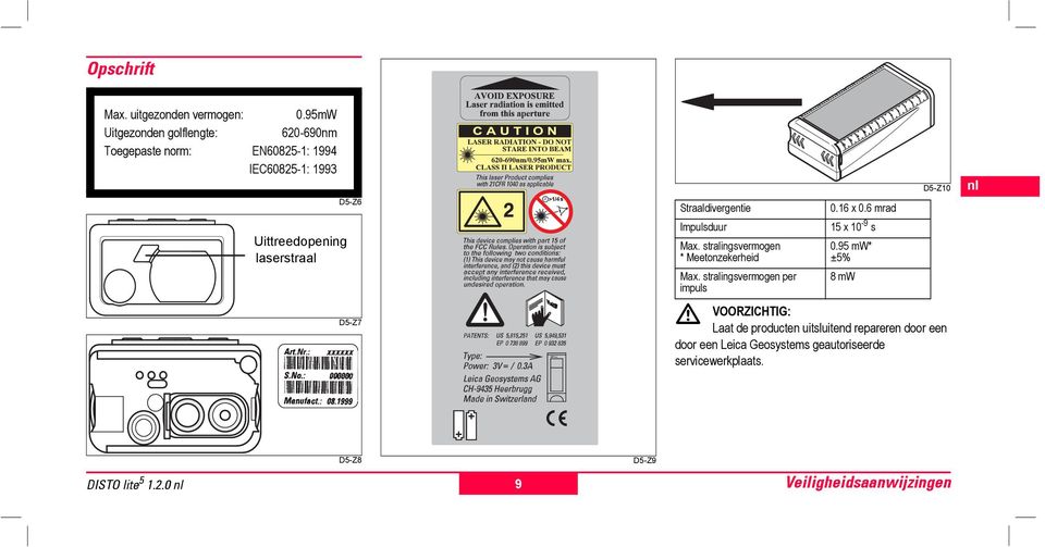 D5-Z6 D5-Z7 D5-Z8 D5-Z9 Straaldivergtie Impulsduur Max. stralingermog * Meetonzekerheid 0.16 x 0.