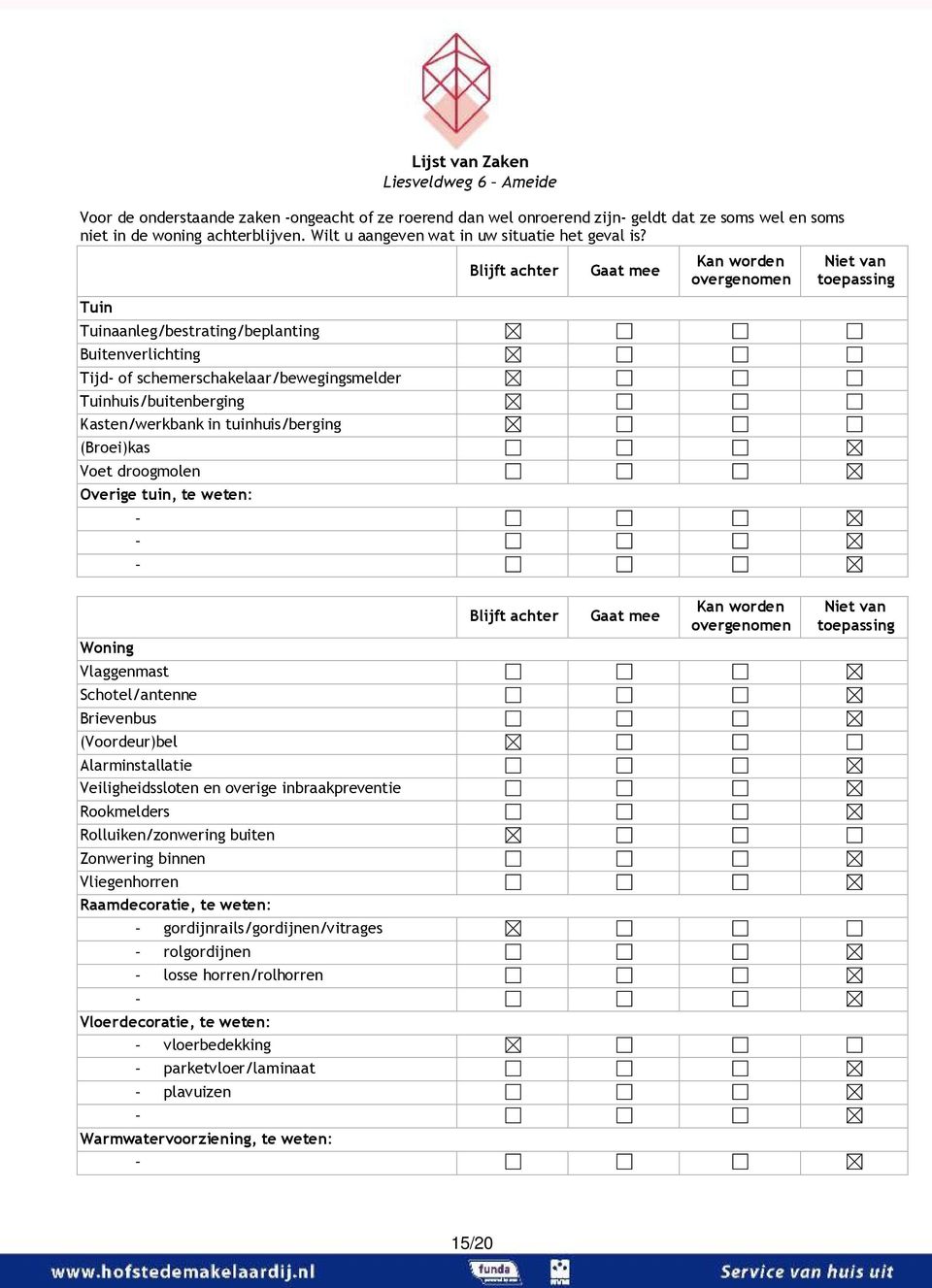 Tuin Tuinaanleg/bestrating/beplanting Buitenverlichting Tijd of schemerschakelaar/bewegingsmelder Tuinhuis/buitenberging Kasten/werkbank in tuinhuis/berging (Broei)kas Voet droogmolen Overige tuin,