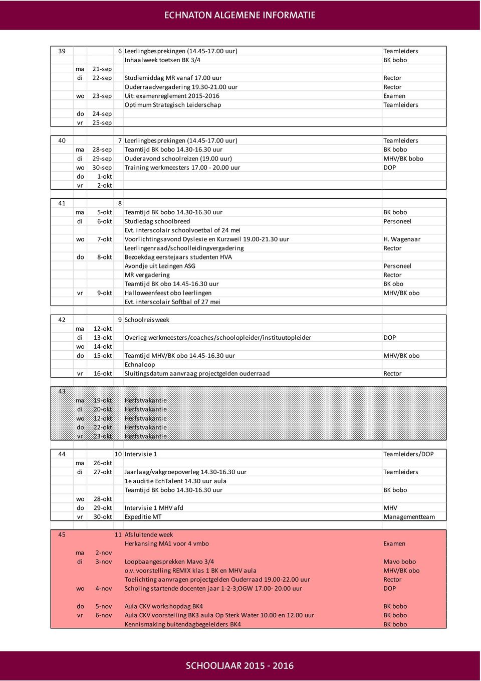 30 uur di 29-sep Ouderavond schoolreizen (19.00 uur) / wo 30-sep Training werkmeesters 17.00-20.00 uur do 1-okt vr 2-okt 41 8 ma 5-okt Teamtijd 14.30-16.